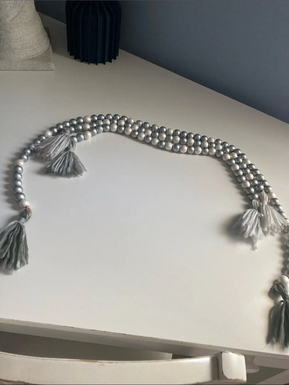 Handmade Farmhouse wooden Beads Garland Set of 3 Silver White Tassels